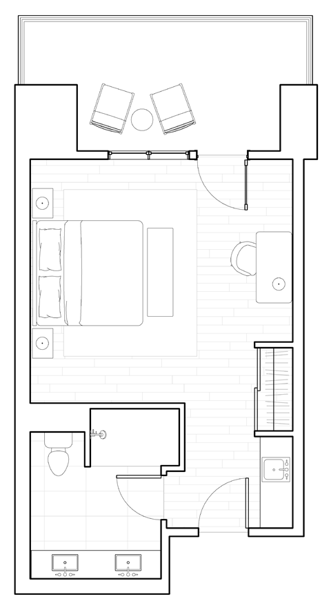 Floor plan for studio, 1 bath, 409 sqft